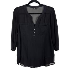 Express Womens M Black Sheer Pieced V Neck Blouse Top 3/4 Sleeve Lightweight